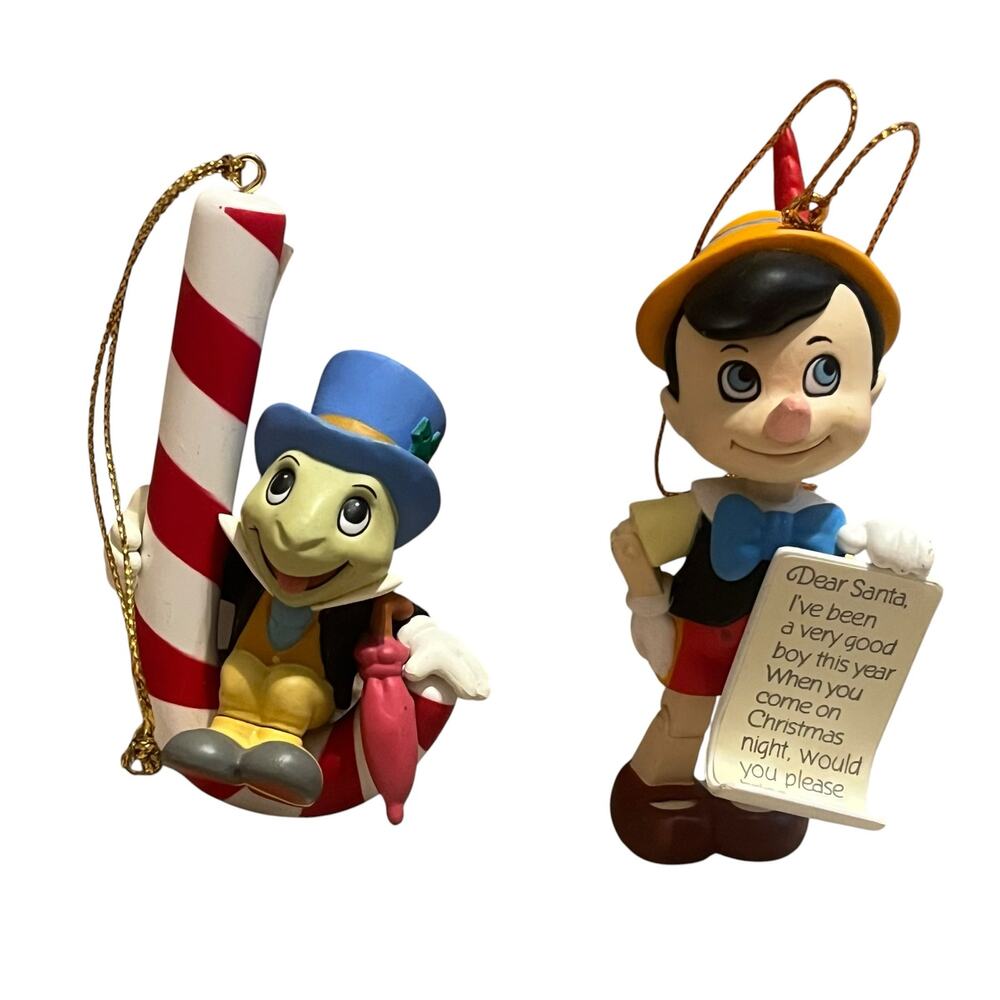 Vintage Disney Store Pinocchio and Jiminy Cricket Christmas Ornament Set